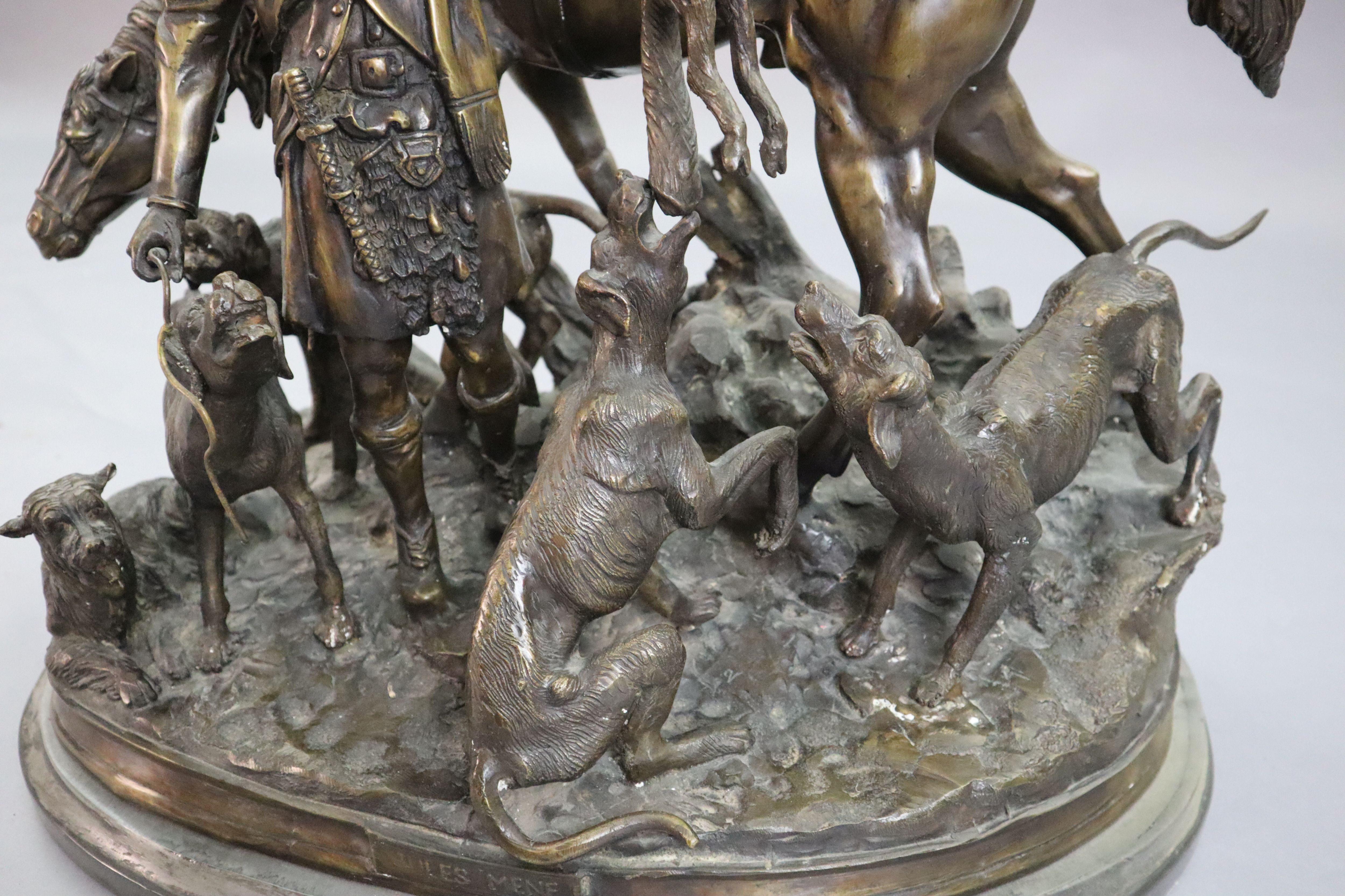 After Pierre Jules Mene. A bronze group of a ghillie, pony and hounds, width 23in. height 20in.